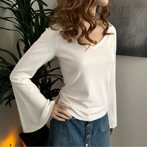 Marciano White V-Neck Sweater Top with Long Bell Sleeves